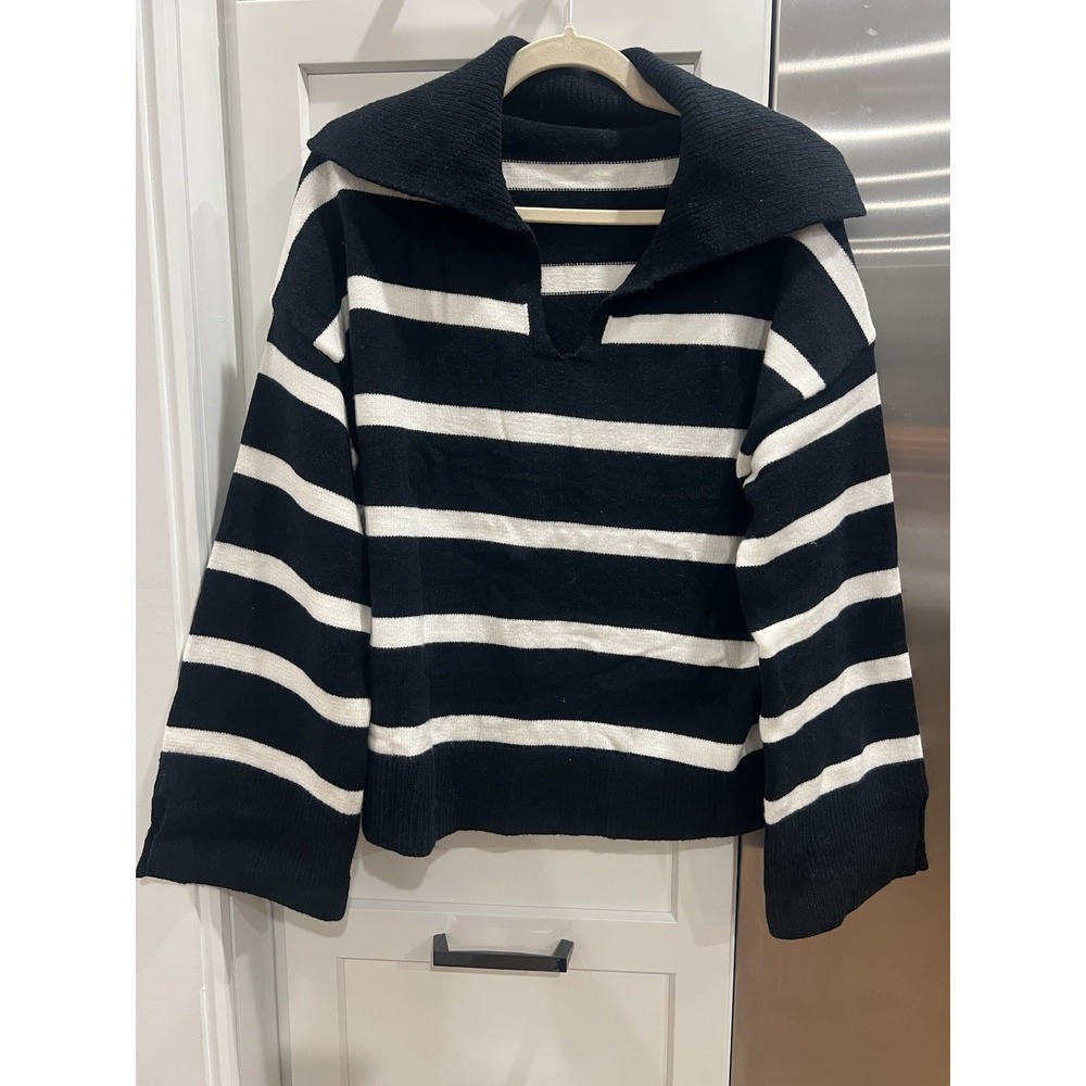 Black & White Striped V-Neck Sweater, XL - Picture 4 of 6